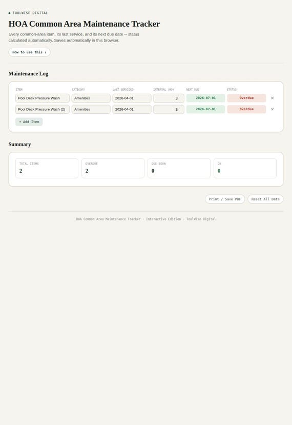 HOA Common Area Maintenance Tracker — Google Sheets & Excel spreadsheet by ToolWise Digital — view 3