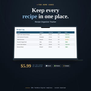 Recipe Organizer & Cookbook Tracker Spreadsheet product cover image showing key features, price, and format