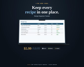 Rezept-Organizer & Kochbuch-Tracker-Tabelle | Digitales Rezeptprotokoll (Google Sheets, Excel)