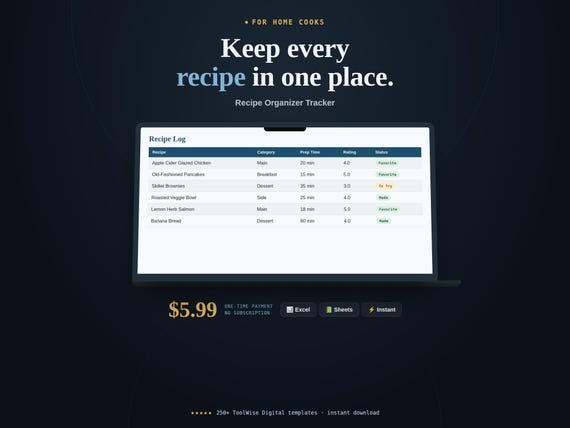 Recipe Organizer & Cookbook Tracker Spreadsheet