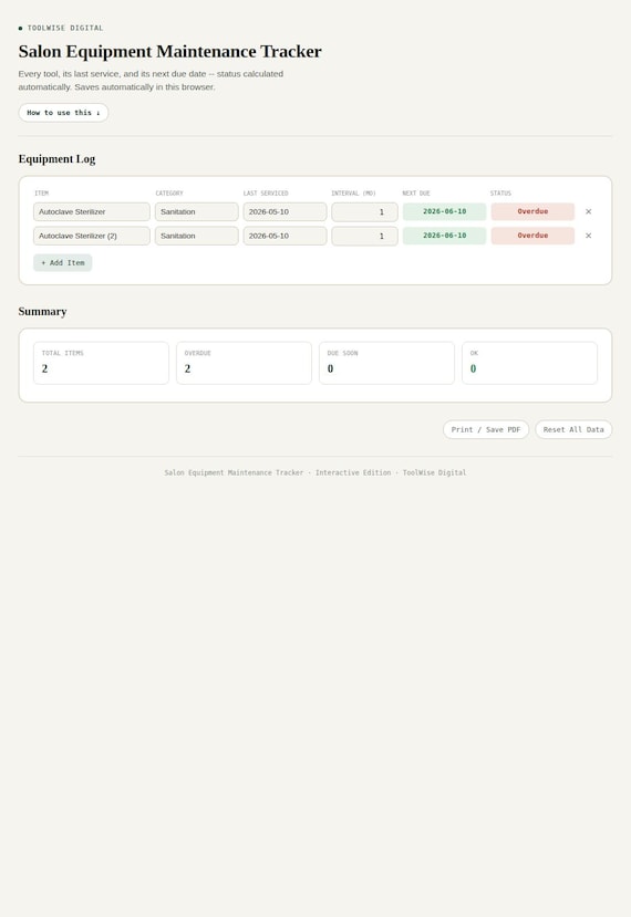 Salon Equipment Maintenance Tracker — Google Sheets & Excel spreadsheet by ToolWise Digital — view 3