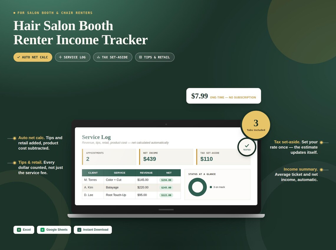 Hair Salon Booth Renter Income Tracker — Google Sheets & Excel spreadsheet by ToolWise Digital