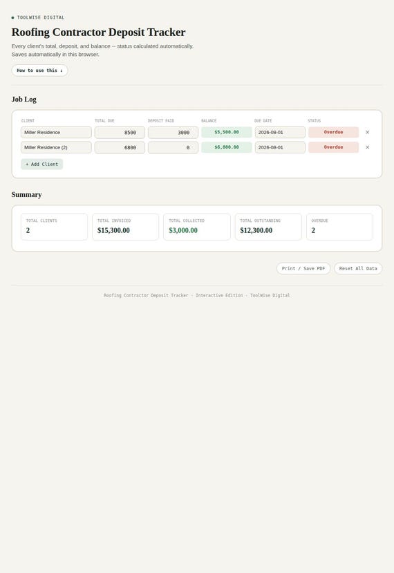 Roofing Contractor Deposit Tracker — Google Sheets & Excel spreadsheet by ToolWise Digital — view 3
