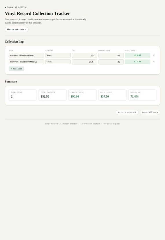 Vinyl Record Collection Tracker — Google Sheets & Excel spreadsheet by ToolWise Digital — view 3
