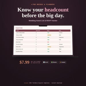 Wedding Guest List & RSVP Tracker Spreadsheet product cover image showing key features, price, and format