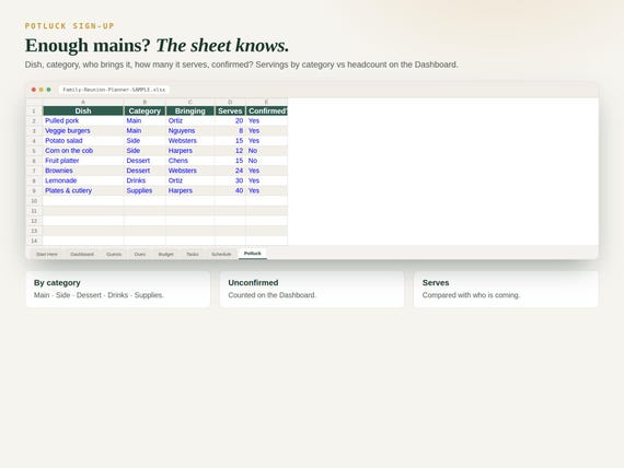 Family Reunion Planner Spreadsheet — Google Sheets & Excel spreadsheet by ToolWise Digital — view 6