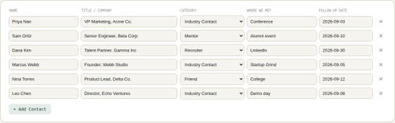 Professional Networking Contact Tracker — Google Sheets & Excel spreadsheet by ToolWise Digital — view 6