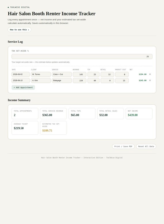 Hair Salon Booth Renter Income Tracker — Google Sheets & Excel spreadsheet by ToolWise Digital — view 3
