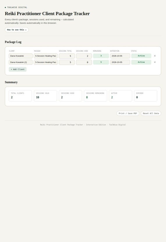 Reiki Practitioner Client Package Tracker — Google Sheets & Excel spreadsheet by ToolWise Digital — view 3