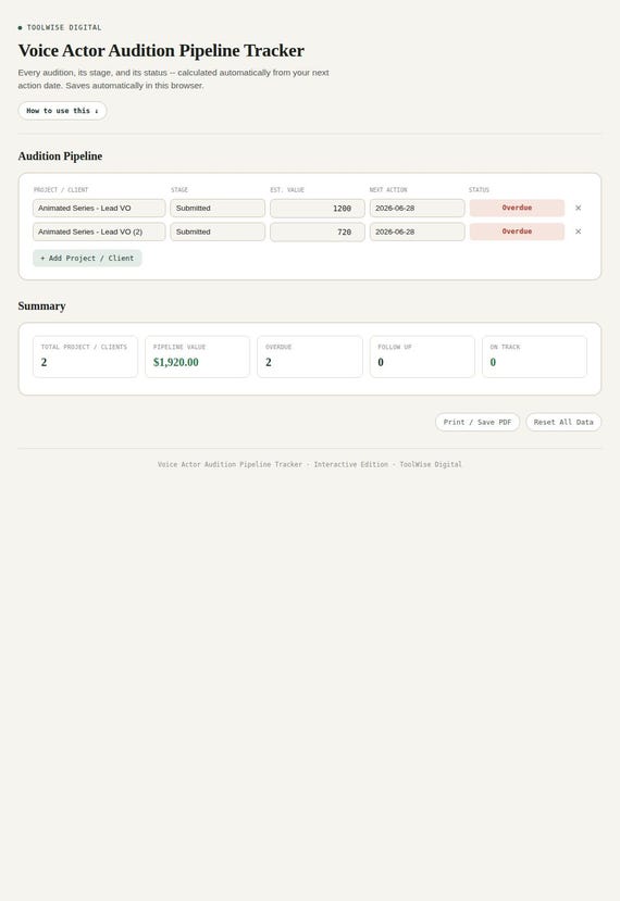 Voice Actor Audition Pipeline Tracker — Google Sheets & Excel spreadsheet by ToolWise Digital — view 3