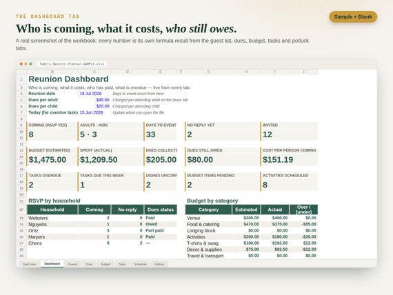 Family Reunion Planner Spreadsheet — Google Sheets & Excel spreadsheet by ToolWise Digital — view 2