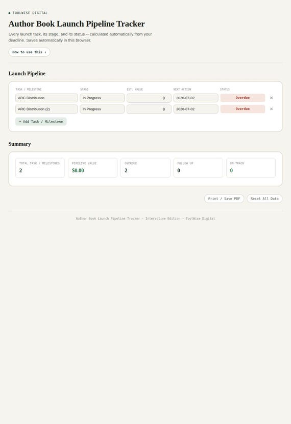Author Book Launch Pipeline Tracker — Google Sheets & Excel spreadsheet by ToolWise Digital — view 3