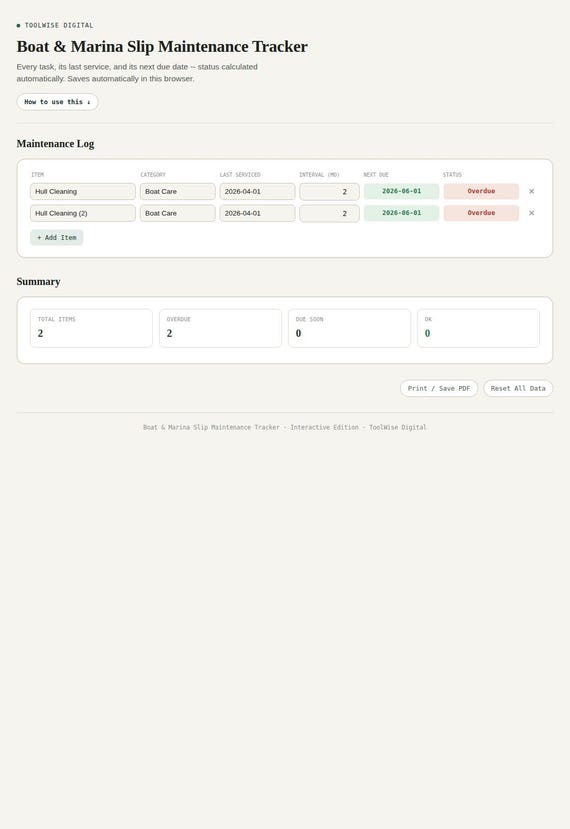 Boat & Marina Slip Maintenance Tracker — Google Sheets & Excel spreadsheet by ToolWise Digital — view 3
