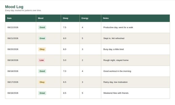 Mood Mental Health Tracker Spreadsheet — Google Sheets & Excel spreadsheet by ToolWise Digital — view 4