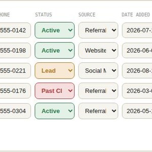 Screenshot of the free interactive HTML tool's Client Directory panel for Client Tracker & CRM, showing an editable data table