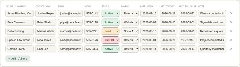Screenshot of the free interactive HTML tool's Client Directory panel for Client Tracker & CRM, showing an editable data table