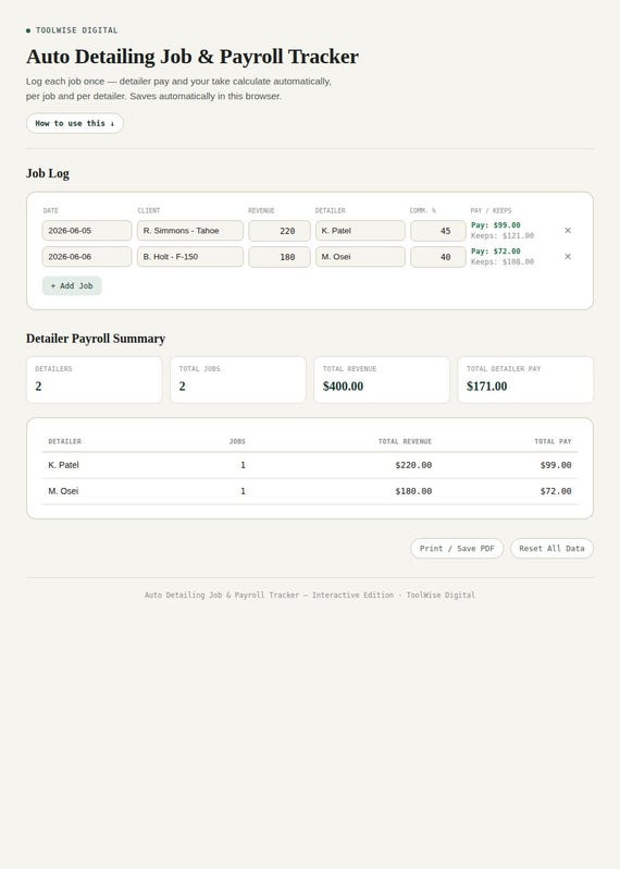 Auto Detailing Job & Payroll Tracker — Google Sheets & Excel spreadsheet by ToolWise Digital — view 3