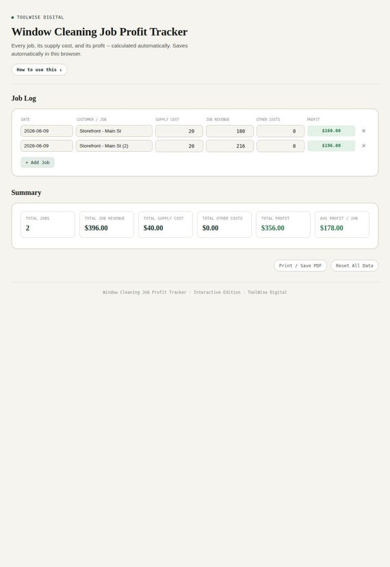 Window Cleaning Job Profit Tracker — Google Sheets & Excel spreadsheet by ToolWise Digital — view 3