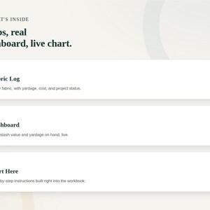 Feature grid showing the tabs included in the Sewing & Fabric Stash Inventory Tracker workbook