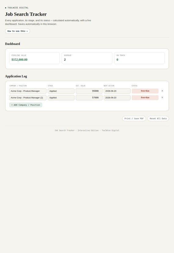Job Search Tracker — Google Sheets & Excel spreadsheet by ToolWise Digital — view 3
