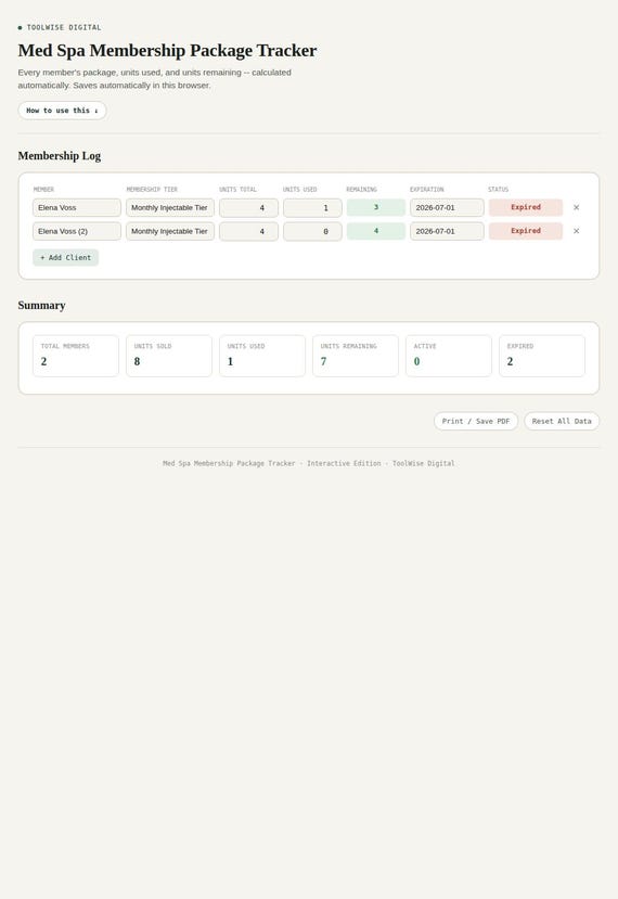 Med Spa Membership Package Tracker — Google Sheets & Excel spreadsheet by ToolWise Digital — view 3