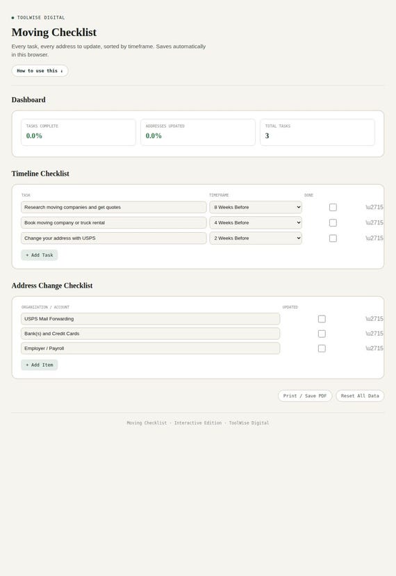 Moving Checklist — Google Sheets & Excel spreadsheet by ToolWise Digital — view 3