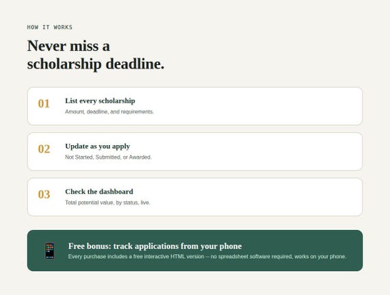 Scholarship Application Tracker Spreadsheet — Google Sheets & Excel spreadsheet by ToolWise Digital — view 7