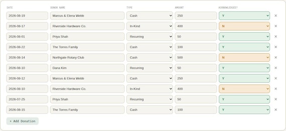 Nonprofit Donation Tracker — Google Sheets & Excel spreadsheet by ToolWise Digital — view 6