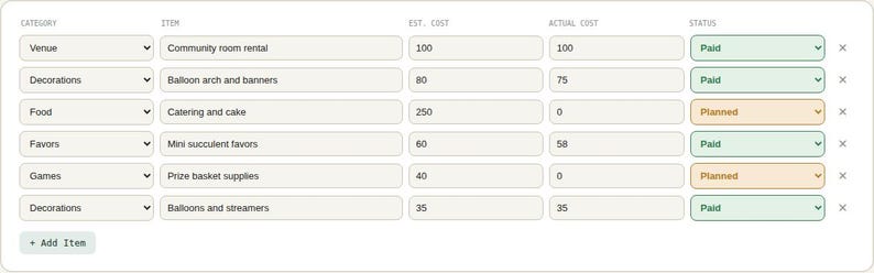 Interactive browser tool log table for Baby Shower Planner Spreadsheet
