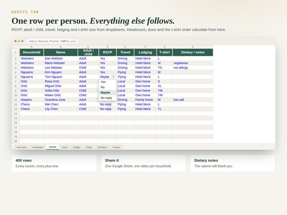 Family Reunion Planner Spreadsheet — Google Sheets & Excel spreadsheet by ToolWise Digital — view 3