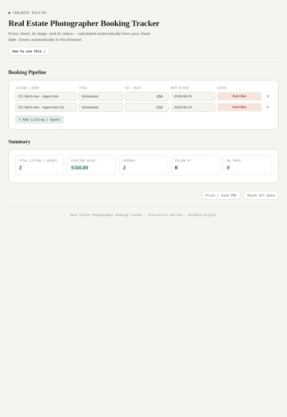 Real Estate Photographer Booking Tracker — Google Sheets & Excel spreadsheet by ToolWise Digital — view 3