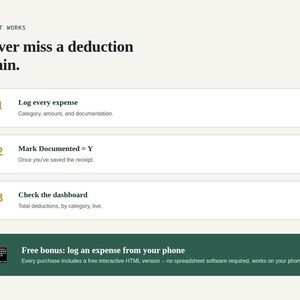 Three step how it works graphic and free bonus tool banner for Self-Employed Tax Deduction Tracker Spreadsheet