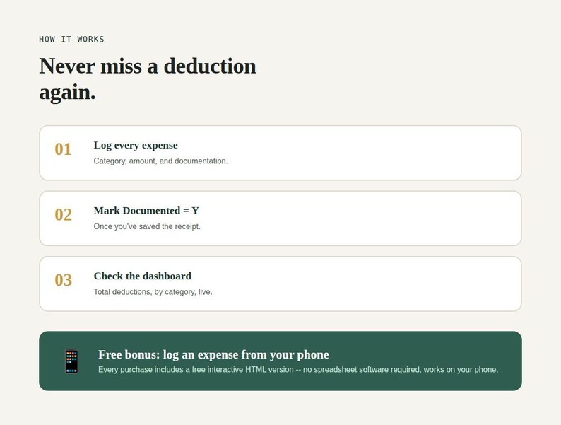 Three step how it works graphic and free bonus tool banner for Self-Employed Tax Deduction Tracker Spreadsheet