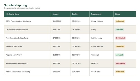 Scholarship Application Tracker Spreadsheet — Google Sheets & Excel spreadsheet by ToolWise Digital — view 4