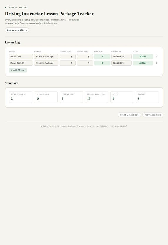 Driving Instructor Lesson Package Tracker — Google Sheets & Excel spreadsheet by ToolWise Digital — view 3