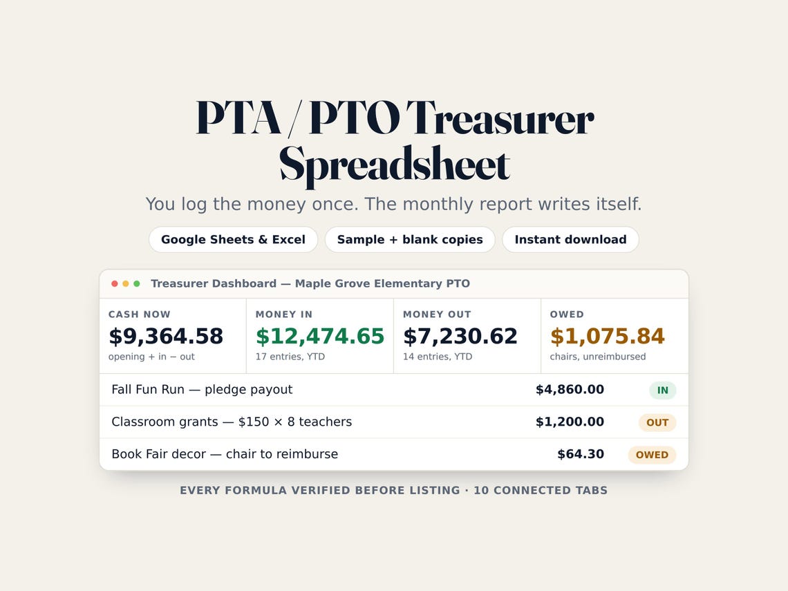 PTA / PTO Treasurer Spreadsheet — Google Sheets & Excel spreadsheet by ToolWise Digital
