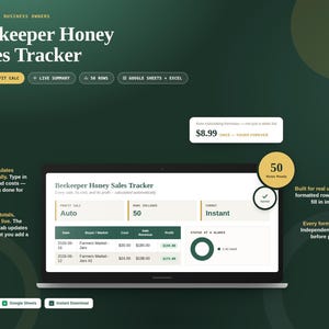May include: A digital Beekeeper Honey Sales Tracker spreadsheet displayed on a laptop screen. The interface features columns for date, buyer, market, cost, revenue, and profit. It includes auto-calculating formulas, a live summary, and 50 rows.