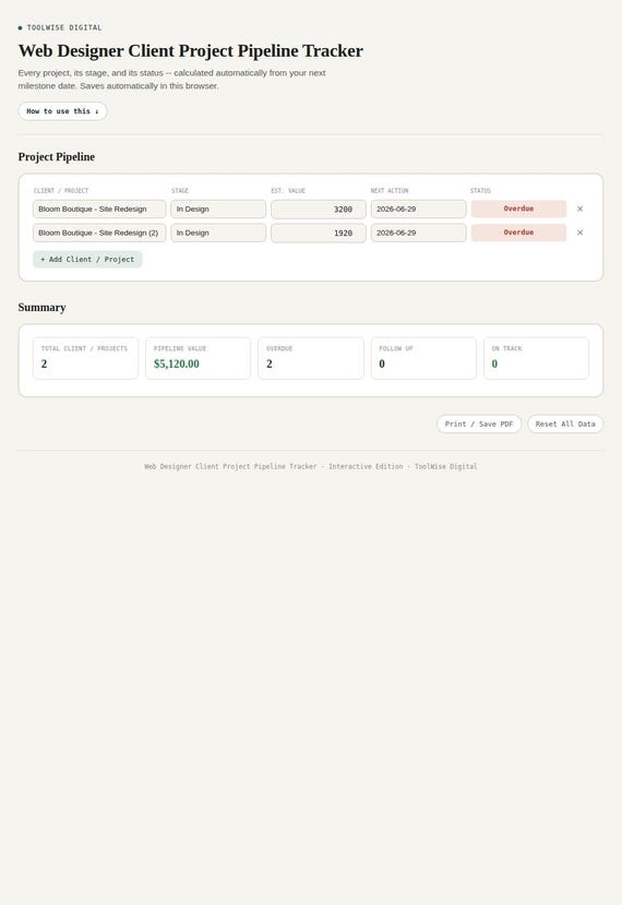 Web Designer Client Project Pipeline Tracker — Google Sheets & Excel spreadsheet by ToolWise Digital — view 3