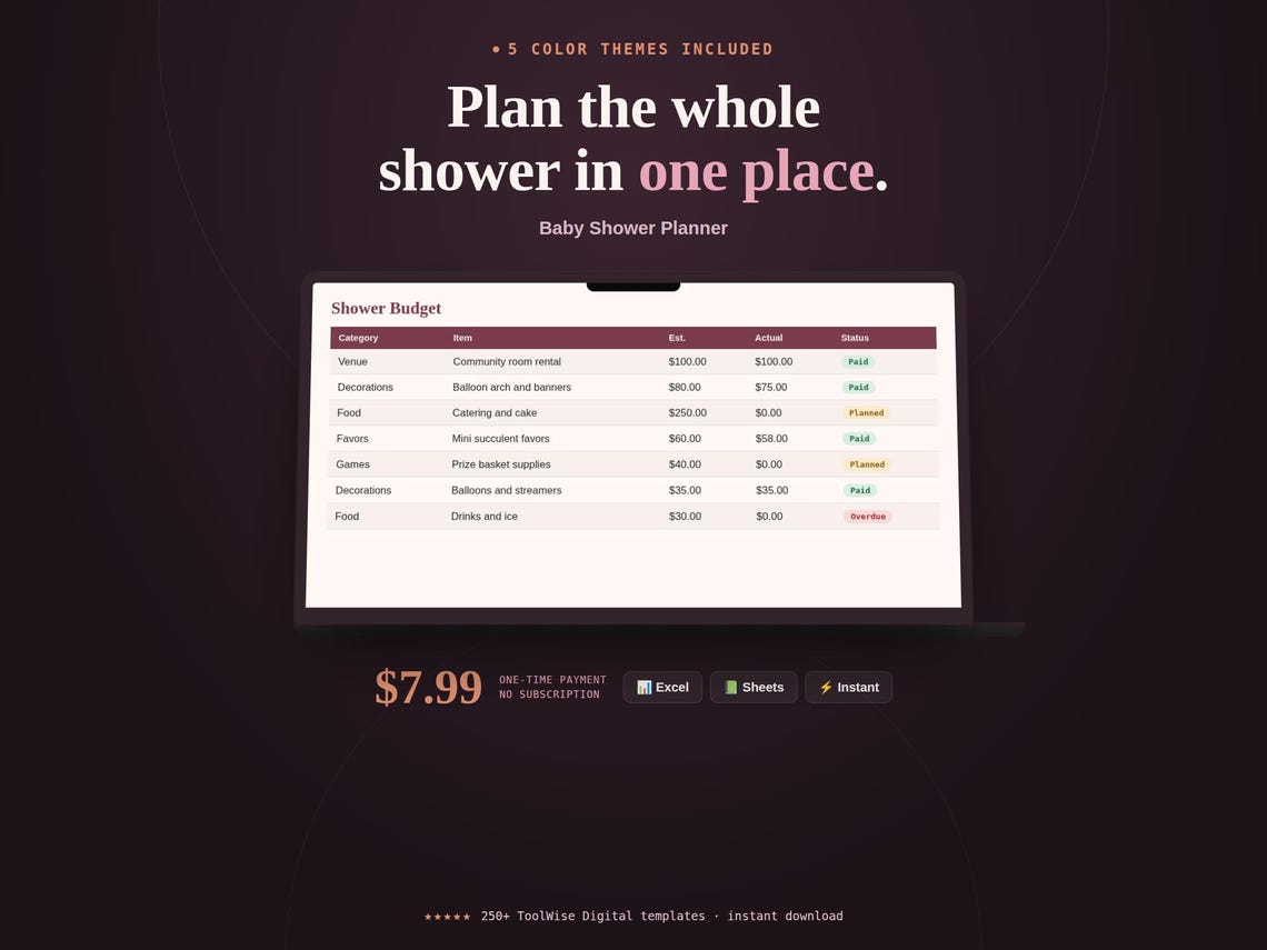 Baby Shower Planner Spreadsheet — Google Sheets & Excel spreadsheet by ToolWise Digital