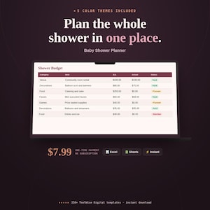 Baby Shower Planner Spreadsheet product cover image showing key features, price, and format