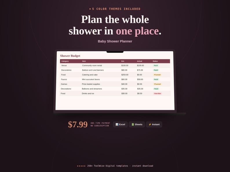 Baby Shower Planner Spreadsheet product cover image showing key features, price, and format
