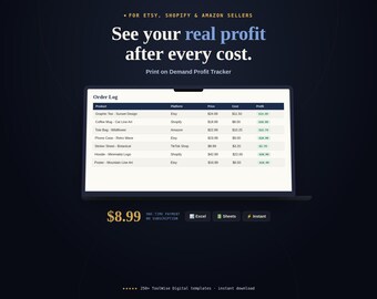 Print on Demand Profit Tracker Spreadsheet | Etsy Shopify Order Log (Google Sheets, Excel)