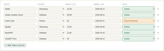 Subscription & Bill Renewal Tracker Spreadsheet — Google Sheets & Excel spreadsheet by ToolWise Digital — view 6