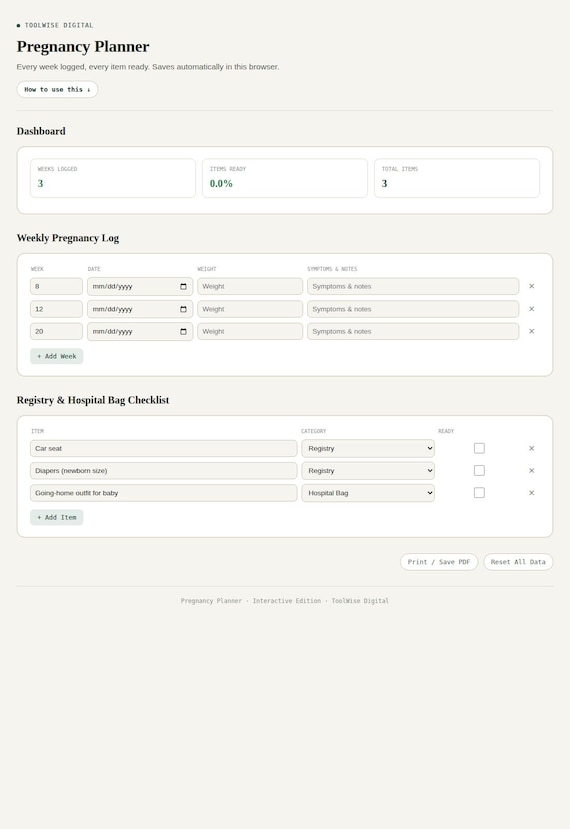 Pregnancy Planner — Google Sheets & Excel spreadsheet by ToolWise Digital — view 3