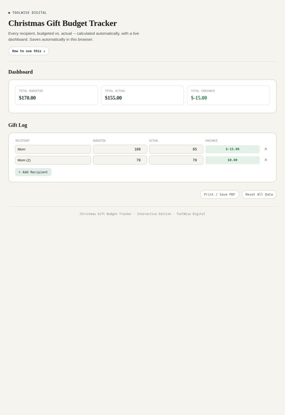 Christmas Gift Budget Tracker — Google Sheets & Excel spreadsheet by ToolWise Digital — view 3