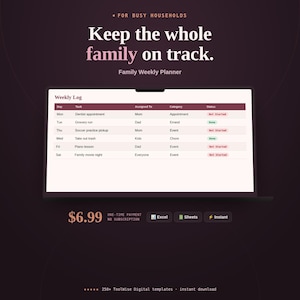 Family Weekly Planner & Task Coordinator Spreadsheet product cover image showing key features, price, and format