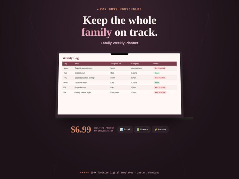 Family Weekly Planner & Task Coordinator Spreadsheet product cover image showing key features, price, and format