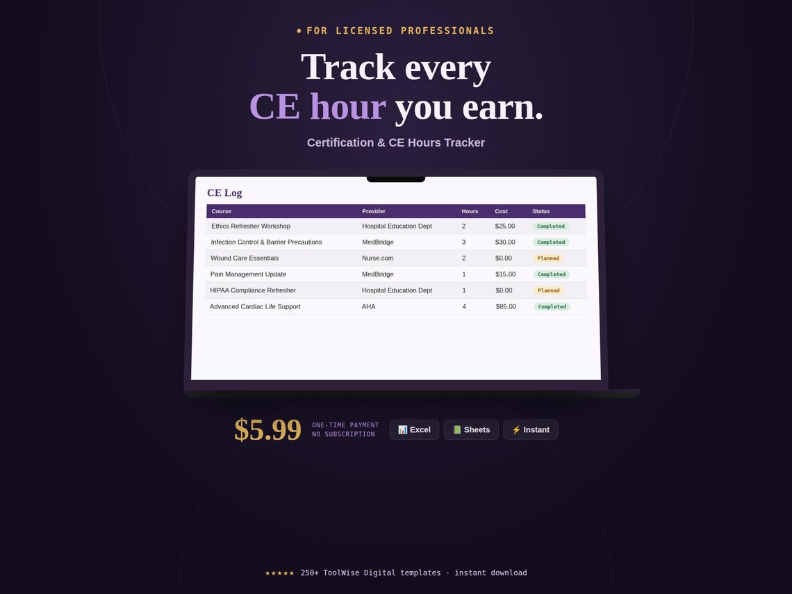 Professional Certification & CE Tracker Spreadsheet — Google Sheets & Excel spreadsheet by ToolWise Digital