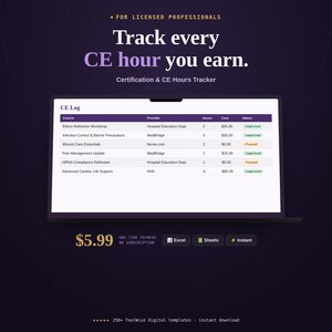 Professional Certification & CE Tracker Spreadsheet | License Renewal Log (Google Sheets, Excel)