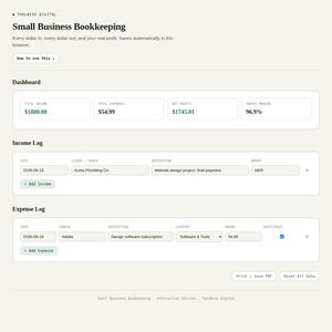 Small business bookkeeping tool dashboard with income, expense, and profit totals